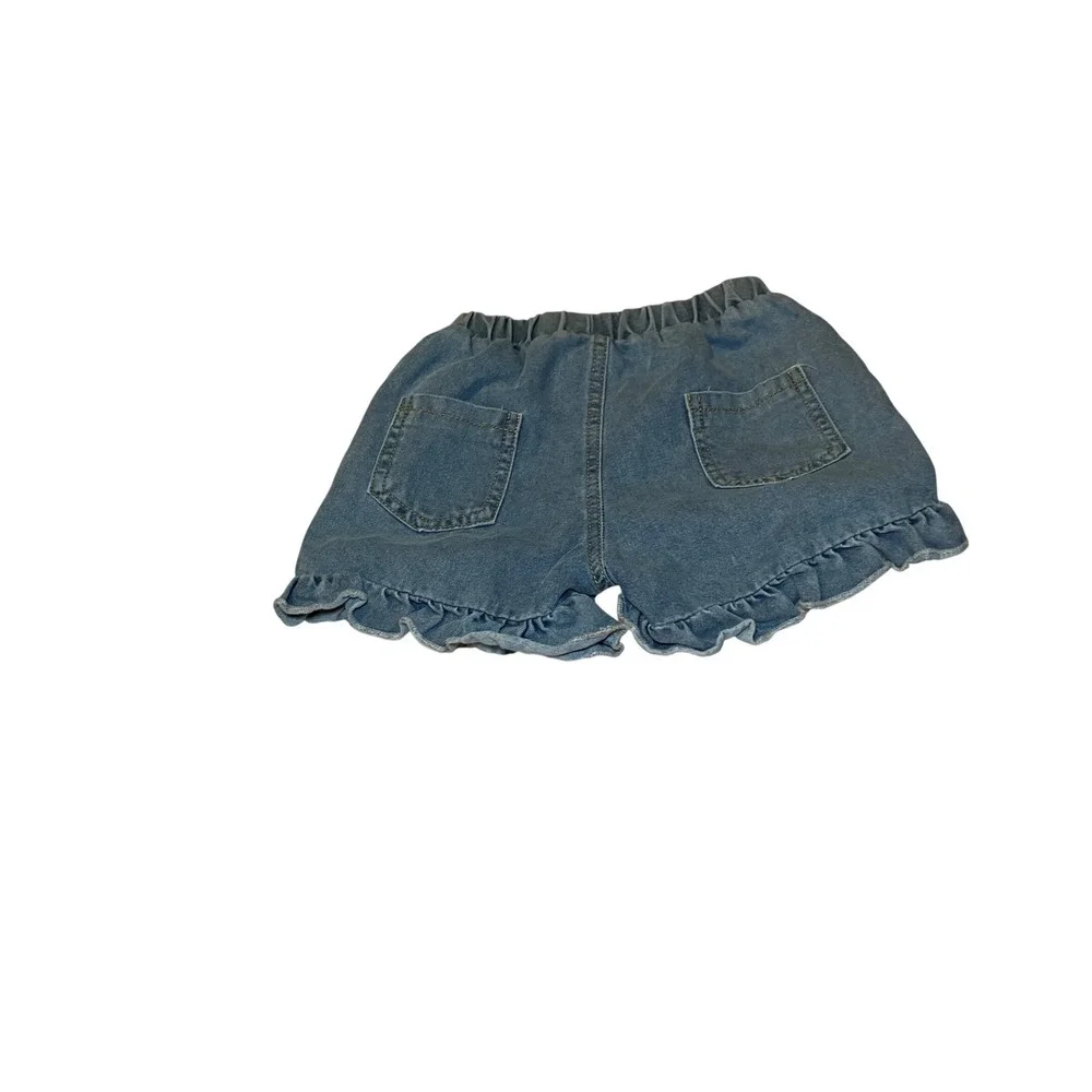 SHEIN Kids Girls Size 6 2-Piece Set  Cat Tee and Cherry Denim Ruffle Shorts